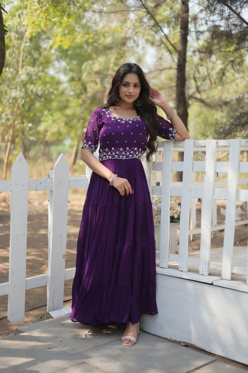 Vastranavya Faux Blooming with Beads embroidery-work Gown - Purple