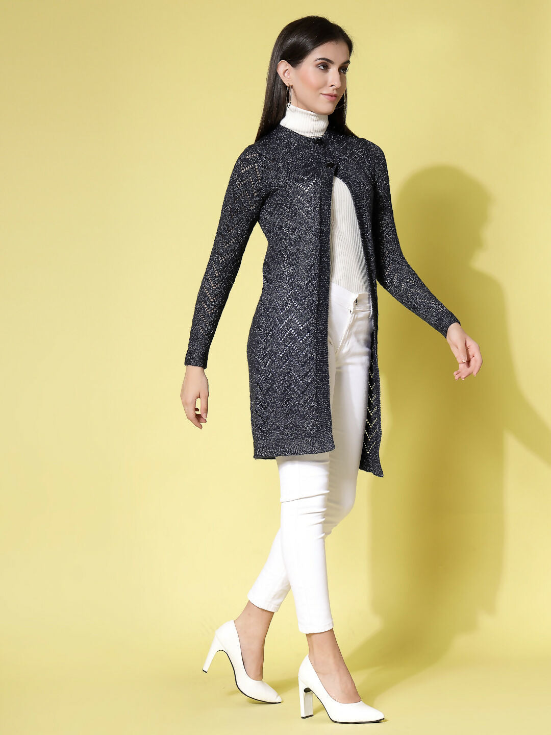 Women Self Design Long Navy Blue Acrylic Winter Shrug - Wool Trees