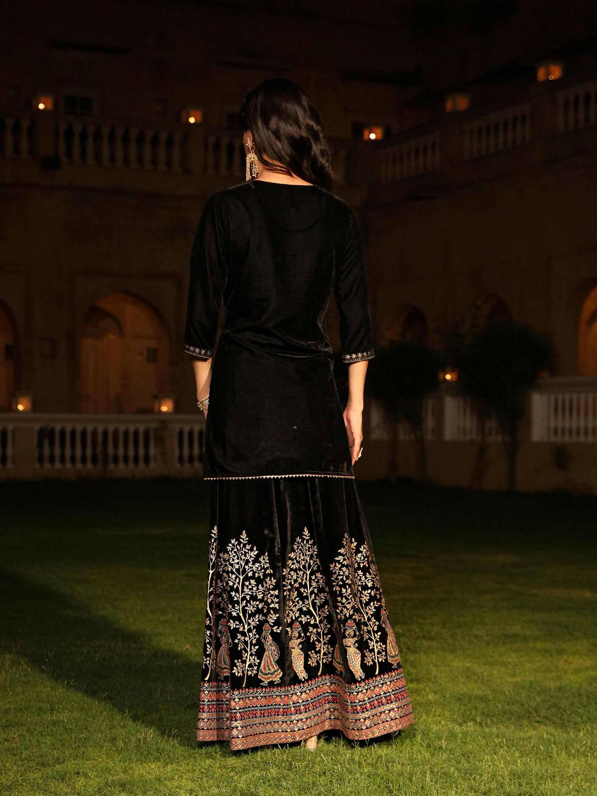 Juniper Women's The Sunehri Black Zari Embroidered Velvet Top & Skirt Set With Sequins & Buttons