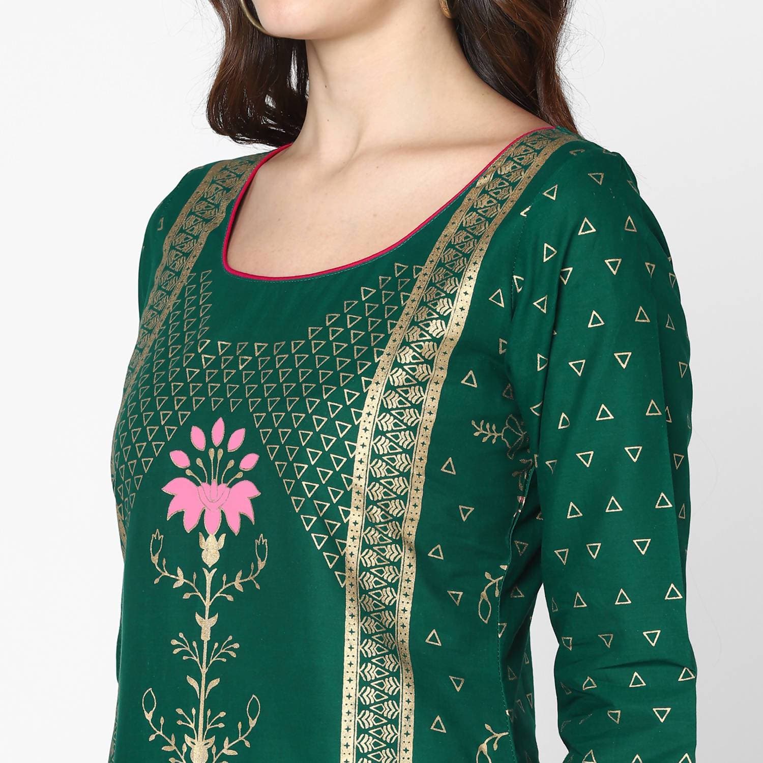 Cheera Hand Block Print Green & Skin Color Straight Kurta With Palazzo (MAAI-089K)