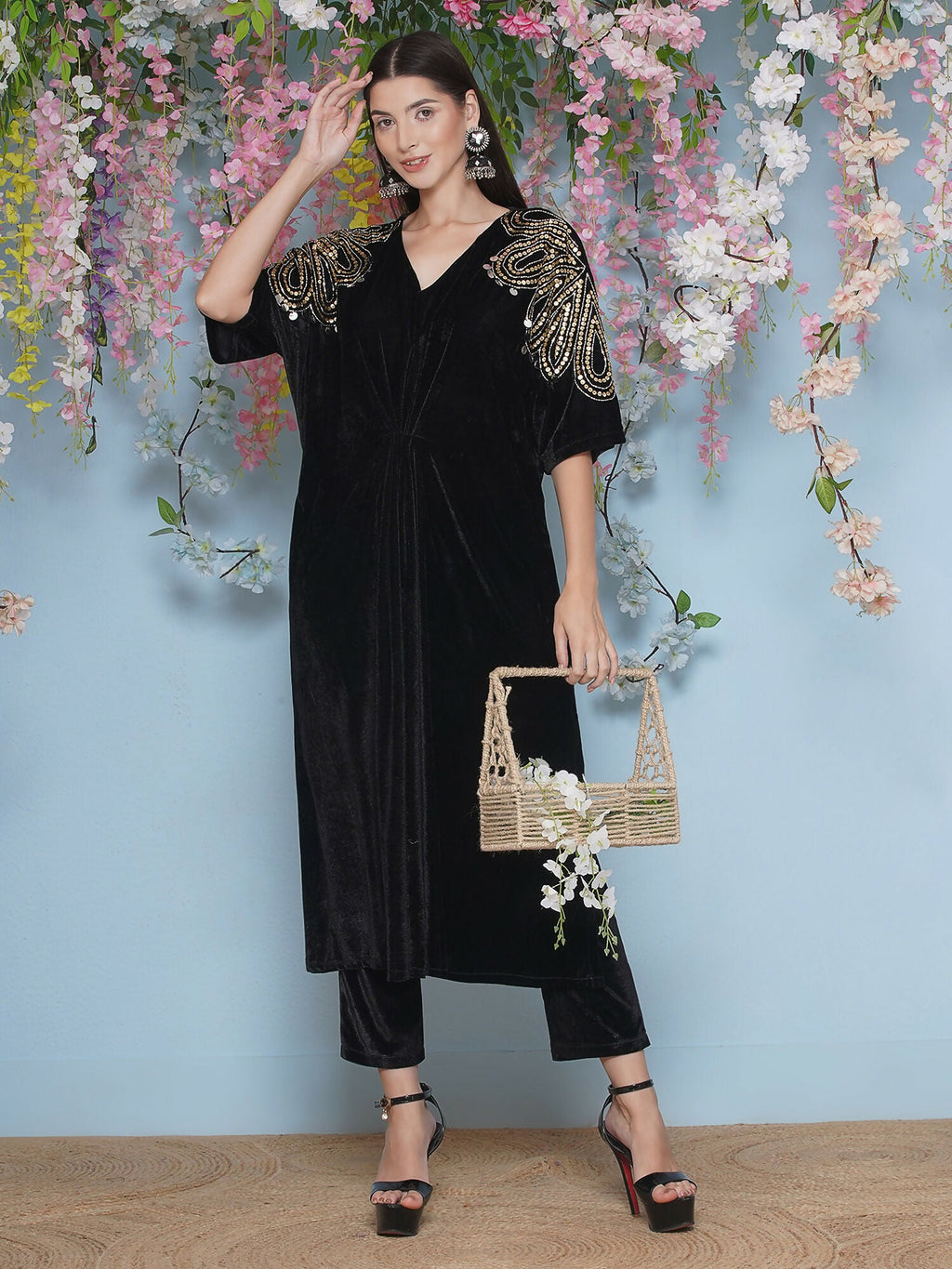 Joban Fashion Black Hand Embellished Velvet Set