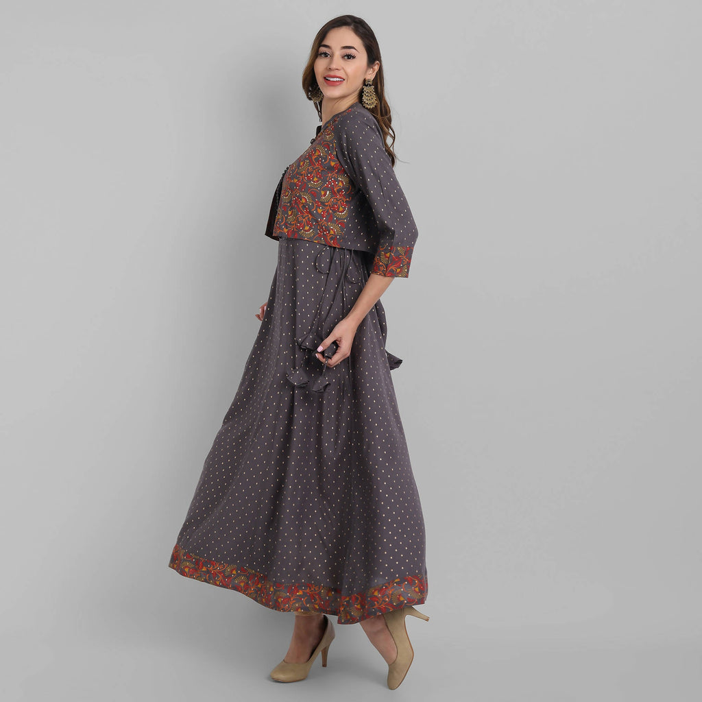 Juniper Women's Grey Rayon Printed Flared Dress