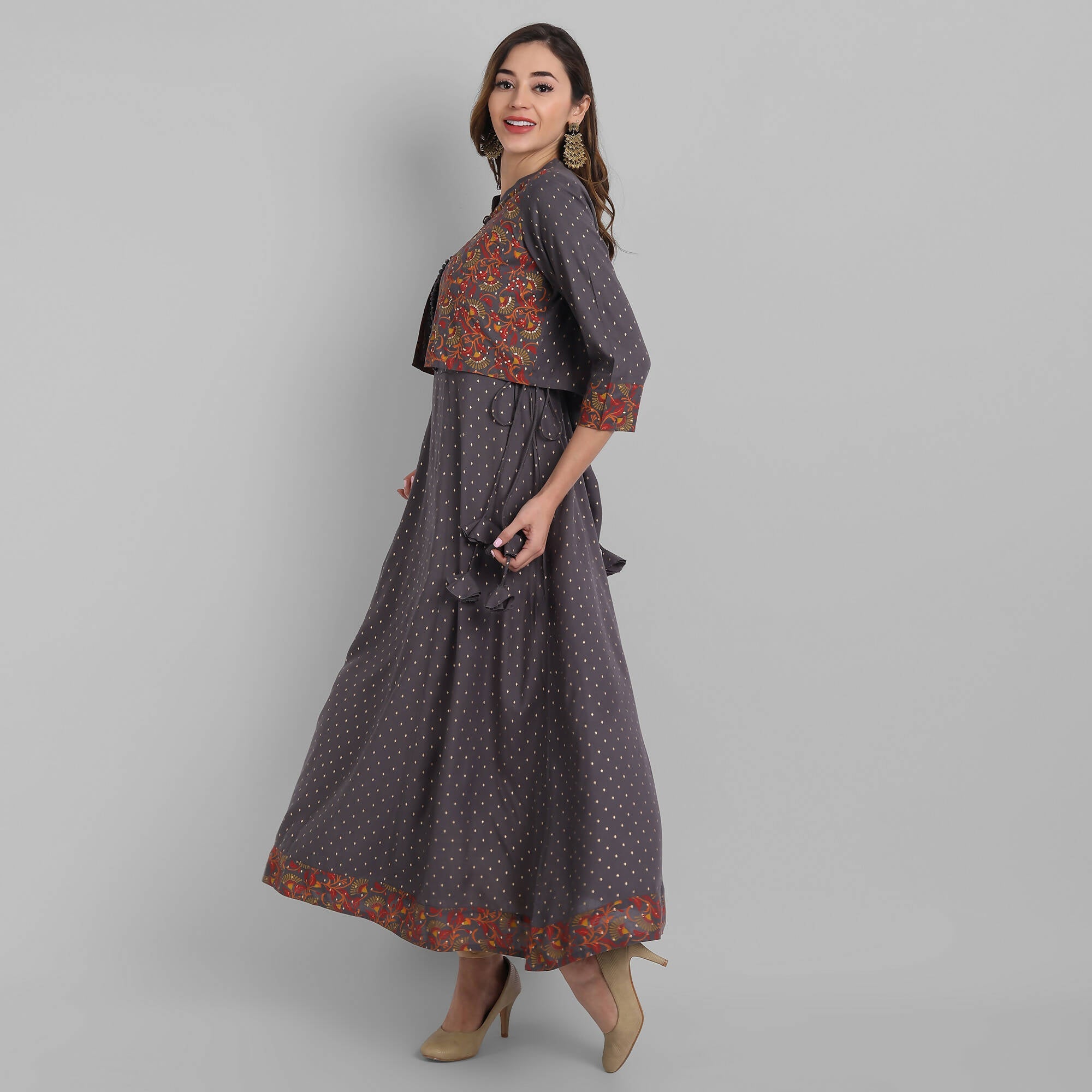 Juniper Women's Grey Rayon Printed Flared Dress