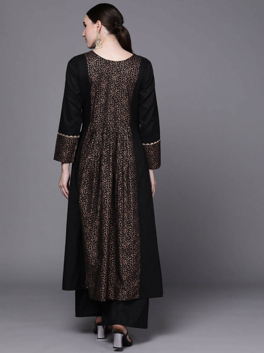 Ahalyaa Women Black Floral Printed Pure Cotton Kurta with Palazzos