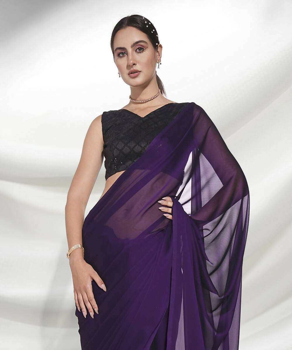 Purple Organza Solid Saree With Unstitched Blouse Piece - Shanaya