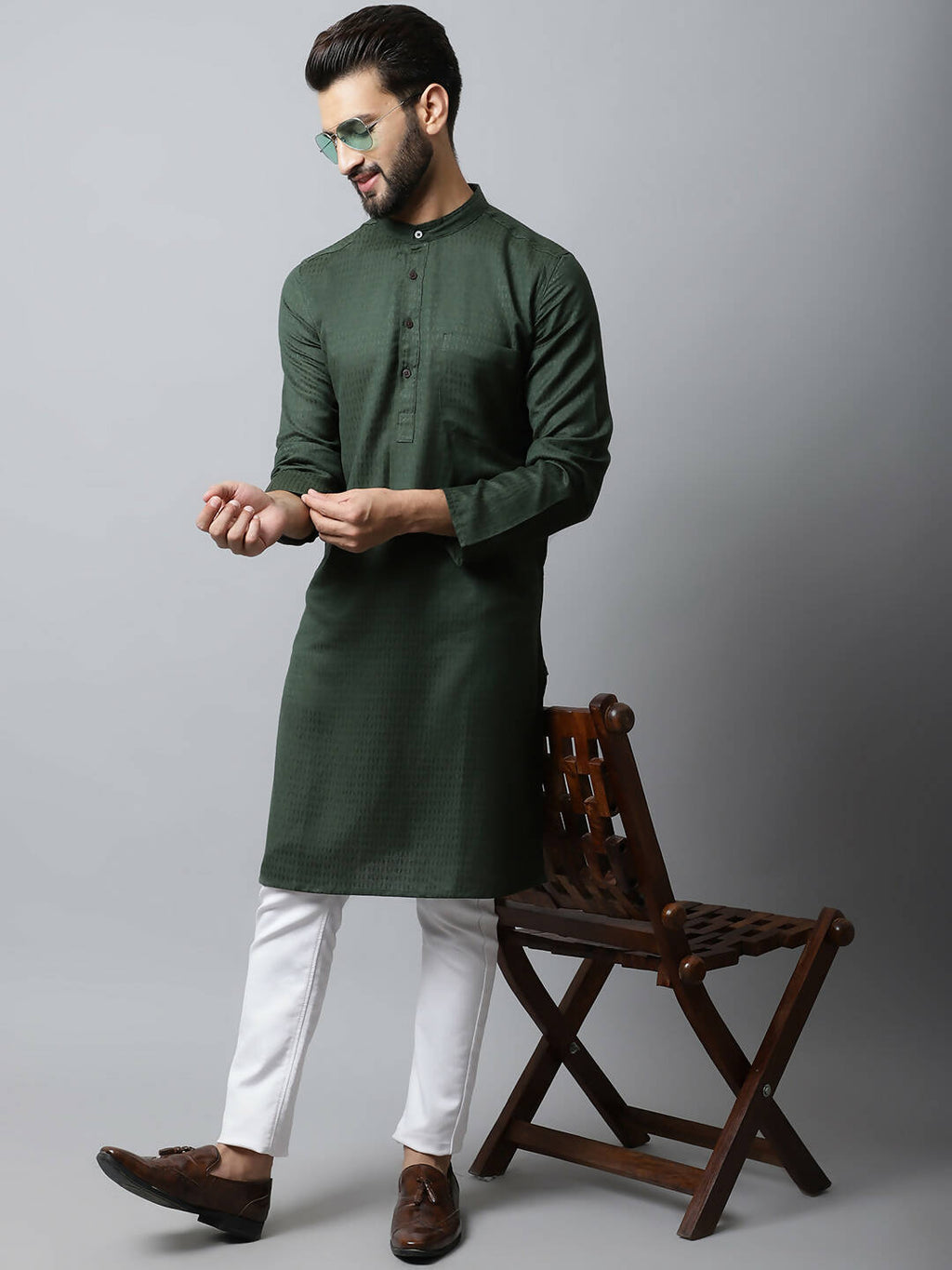 Even Apparels Green Color Viscose Pure Cotton Men's Kurta With Band Collar (SLD1197)