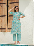 Aramya Straight Soft Cotton Floral Print Women's Kurta - Turquoise