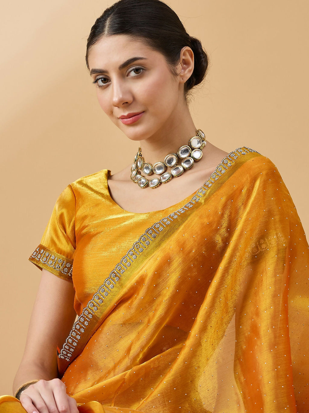 Mustard Organza Swaroski Diamond Work Saree with Unstitched Blouse - Radha
