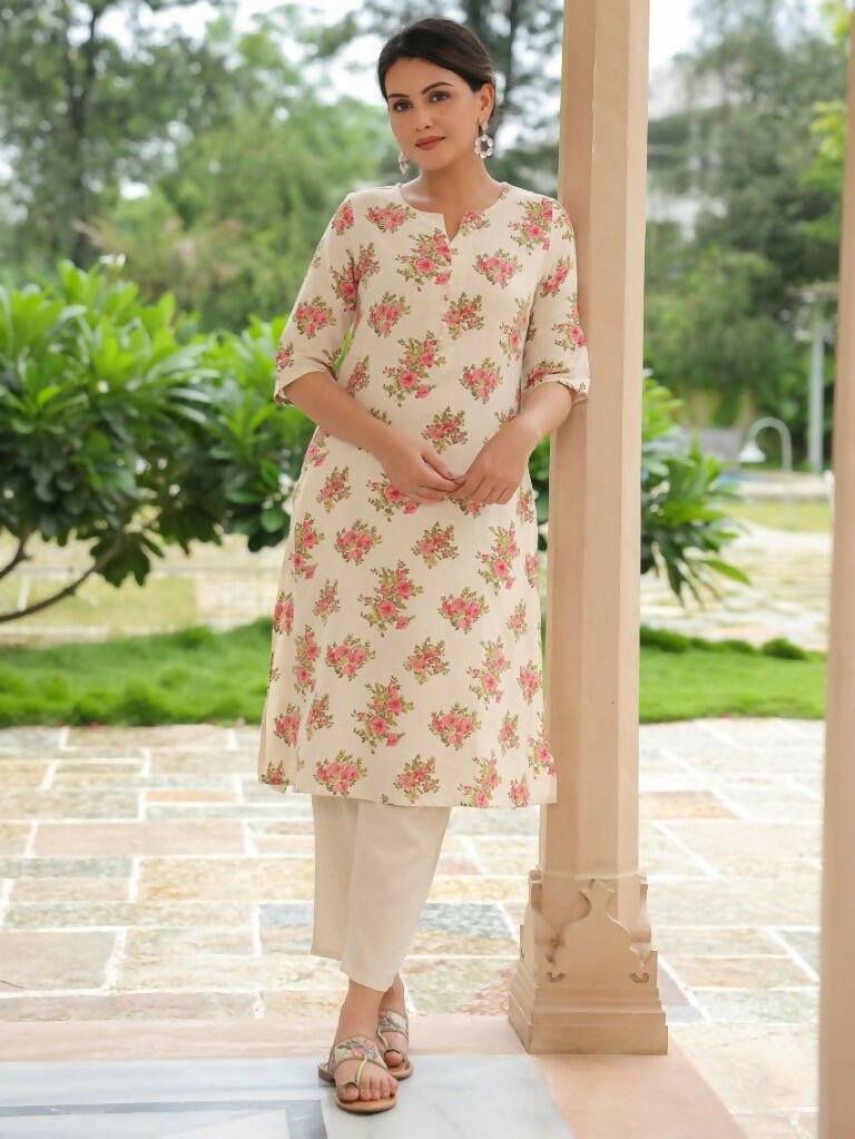 Aramya A-line Linen Cotton Floral Print Women's Kurta - Pink