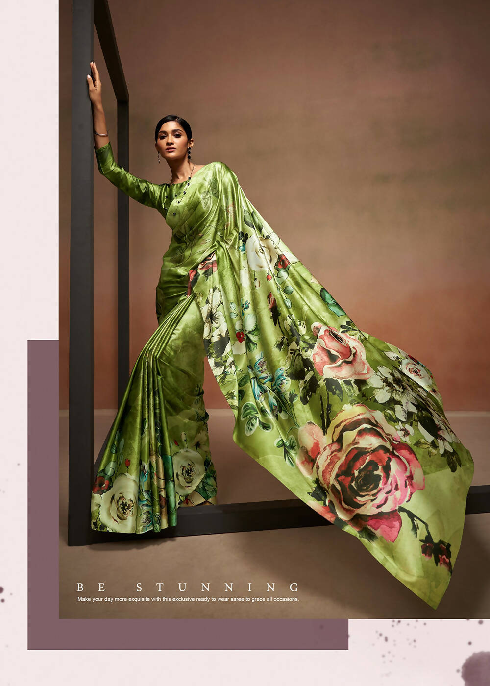 Green Satin Digital Printed Saree with Unstitched Blouse Piece - Jodha