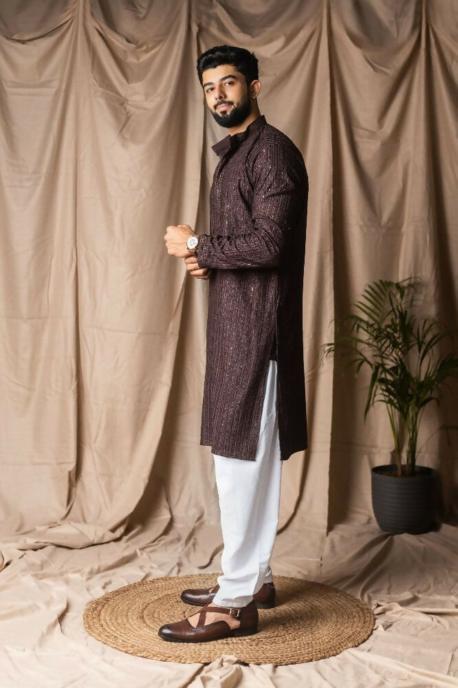 Dark Brown Rayon Thread Embroidery Work Kurta Set - Mahotsav