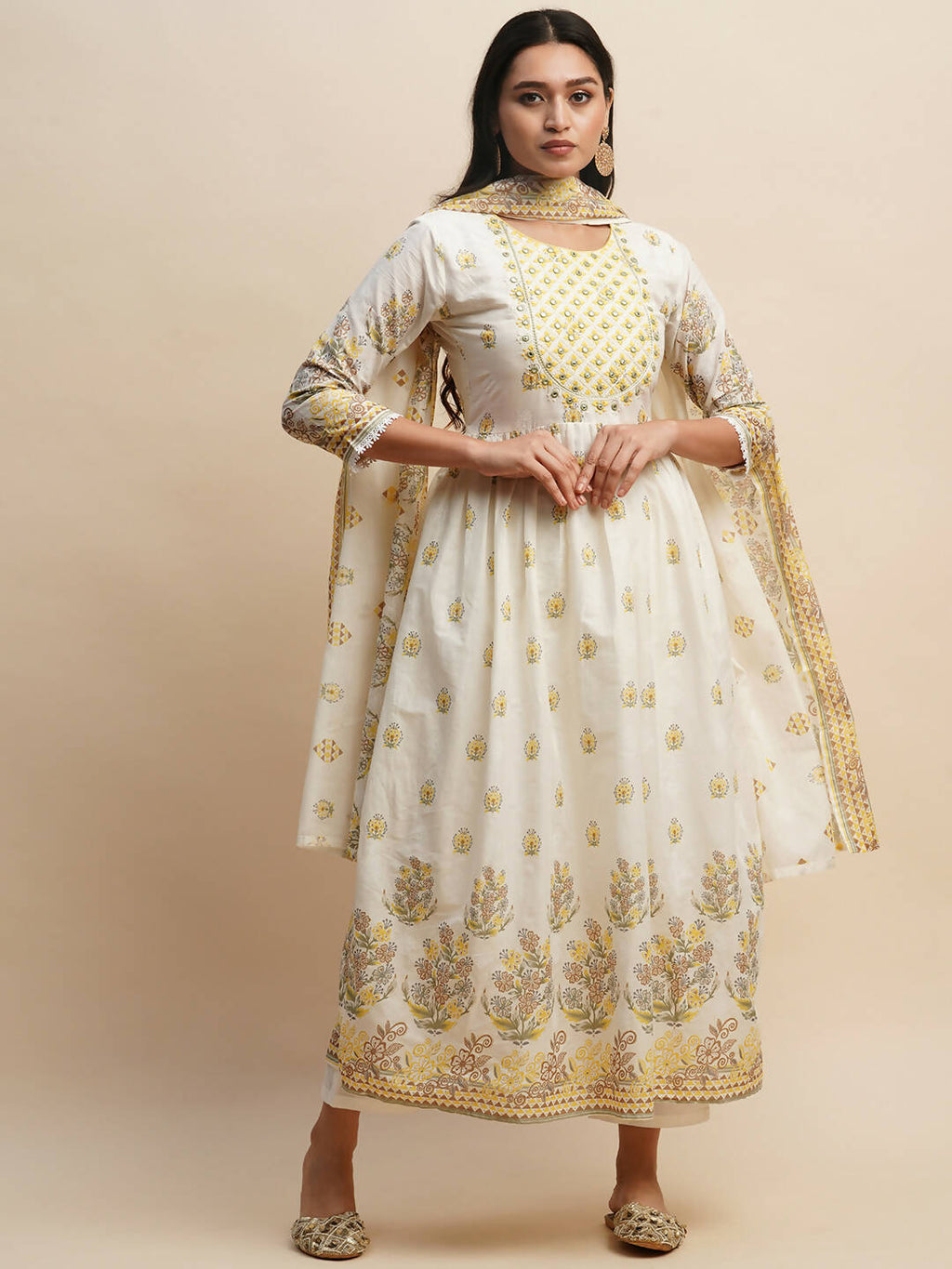 White And Yellow Pure Cotton Floral Printed Anarkali Kurta And Bottom With Dupatta - Akashara