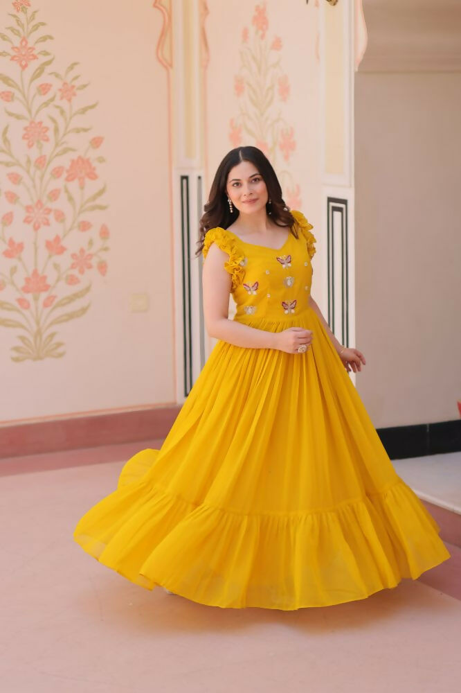Vastranavya Yellow Faux Blooming With Sequins Multithreaded Beads Embroidered work Gown