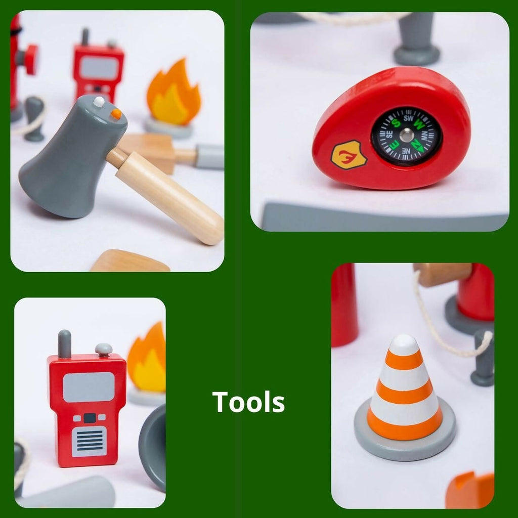 Nesta Toys Wooden Firefighter Pretend Play Toy with Fireman Costume Kit (14 Pcs)