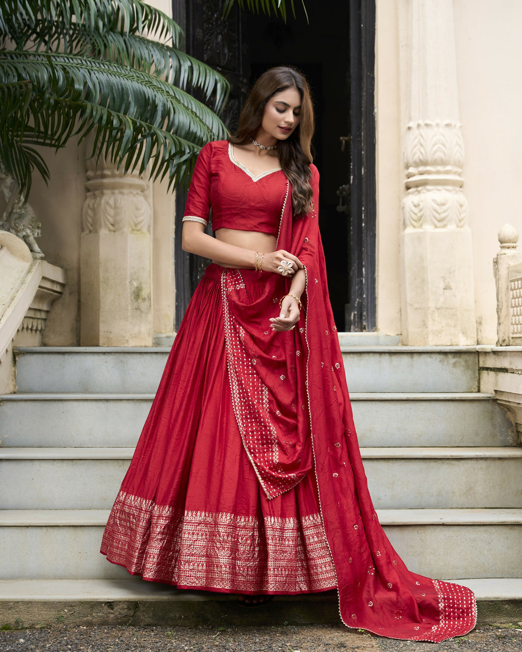 Lorenvalley Red Pure Chanderi Plain With Zari Weaving Work Border Lehenga Choli