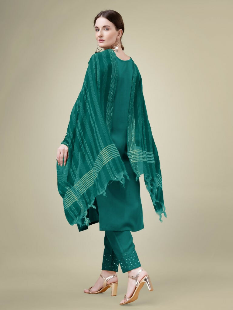 Jyoti Fashion Women's Teal Cotton Blend Embroidery & Sequence work Kurta with Trouser & Dupatta