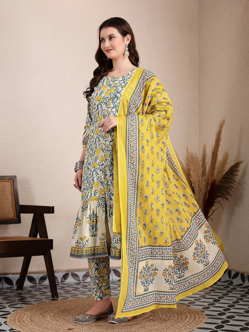 Yufta Yellow And Beige Pure Cotton Floral Print Tiered Kurta Dupatta Set