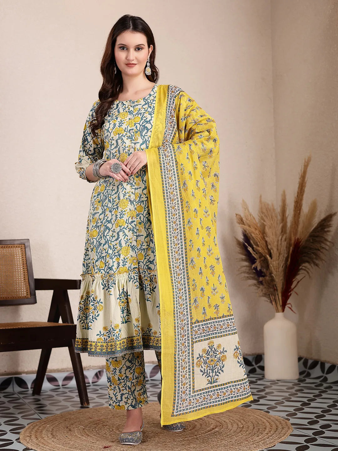 Yufta Yellow And Beige Pure Cotton Floral Print Tiered Kurta Dupatta Set