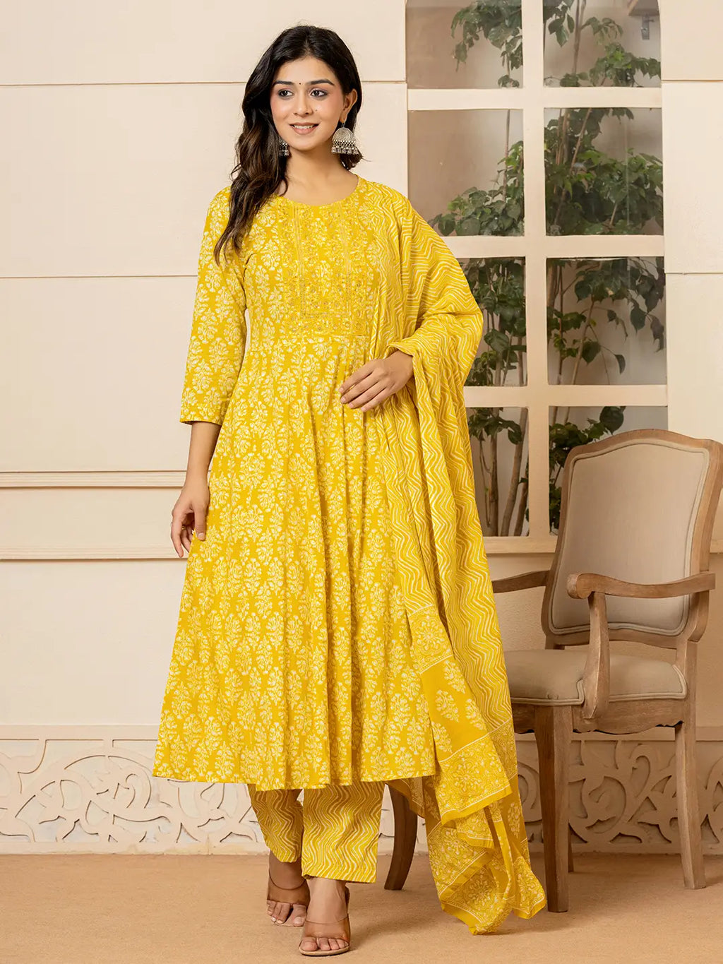 Yufta Yellow Embroidered Pure Cotton Anarkali Kurta Trouser With Dupatta Set