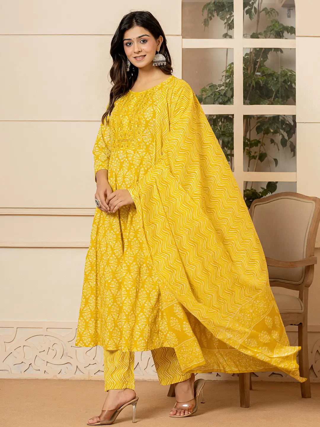 Yufta Yellow Embroidered Pure Cotton Anarkali Kurta Trouser With Dupatta Set