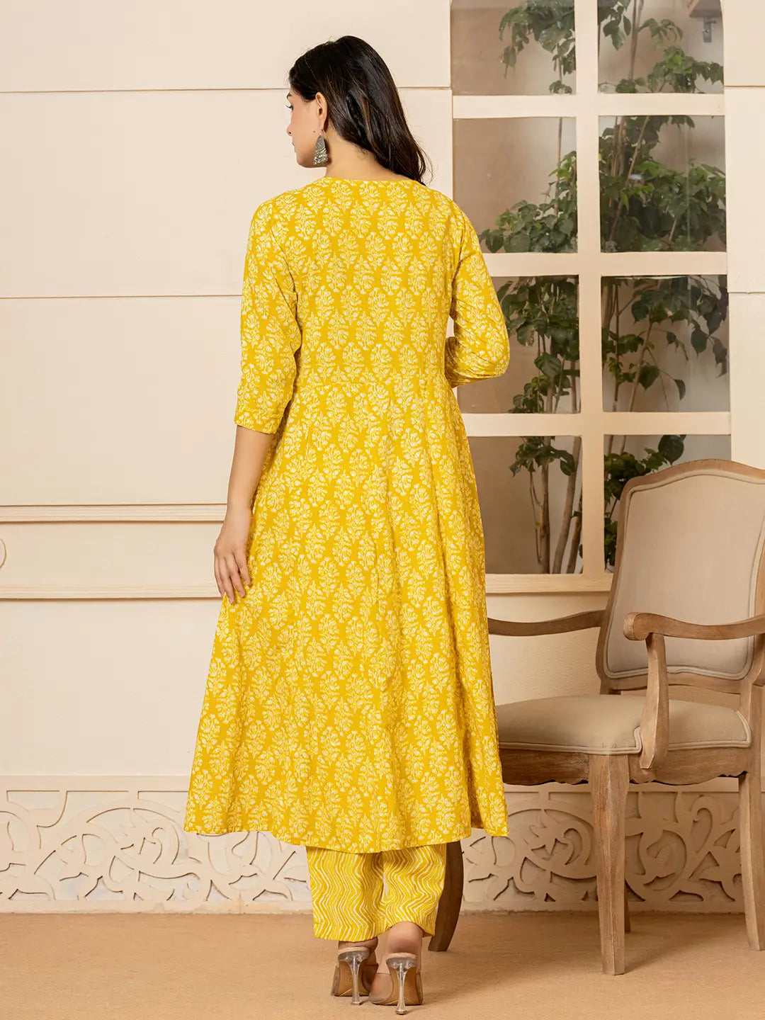 Yufta Yellow Embroidered Pure Cotton Anarkali Kurta Trouser With Dupatta Set