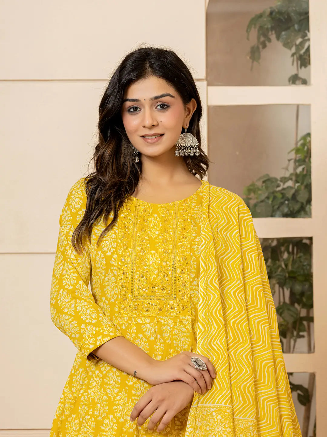 Yufta Yellow Embroidered Pure Cotton Anarkali Kurta Trouser With Dupatta Set