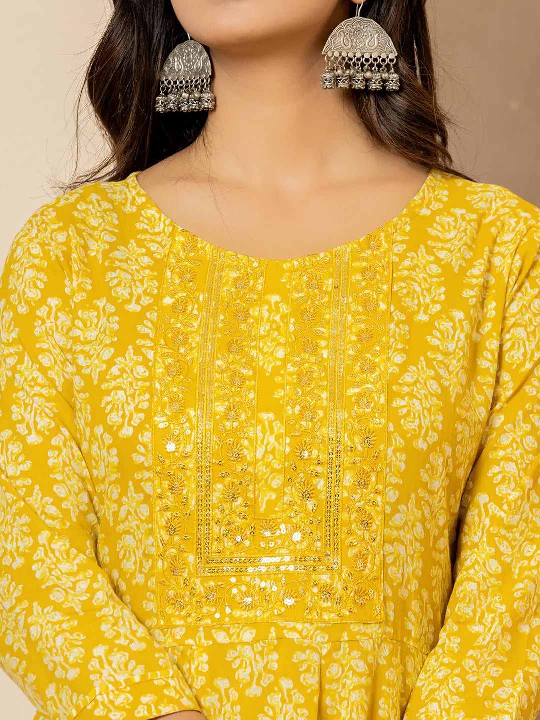 Yufta Yellow Embroidered Pure Cotton Anarkali Kurta Trouser With Dupatta Set