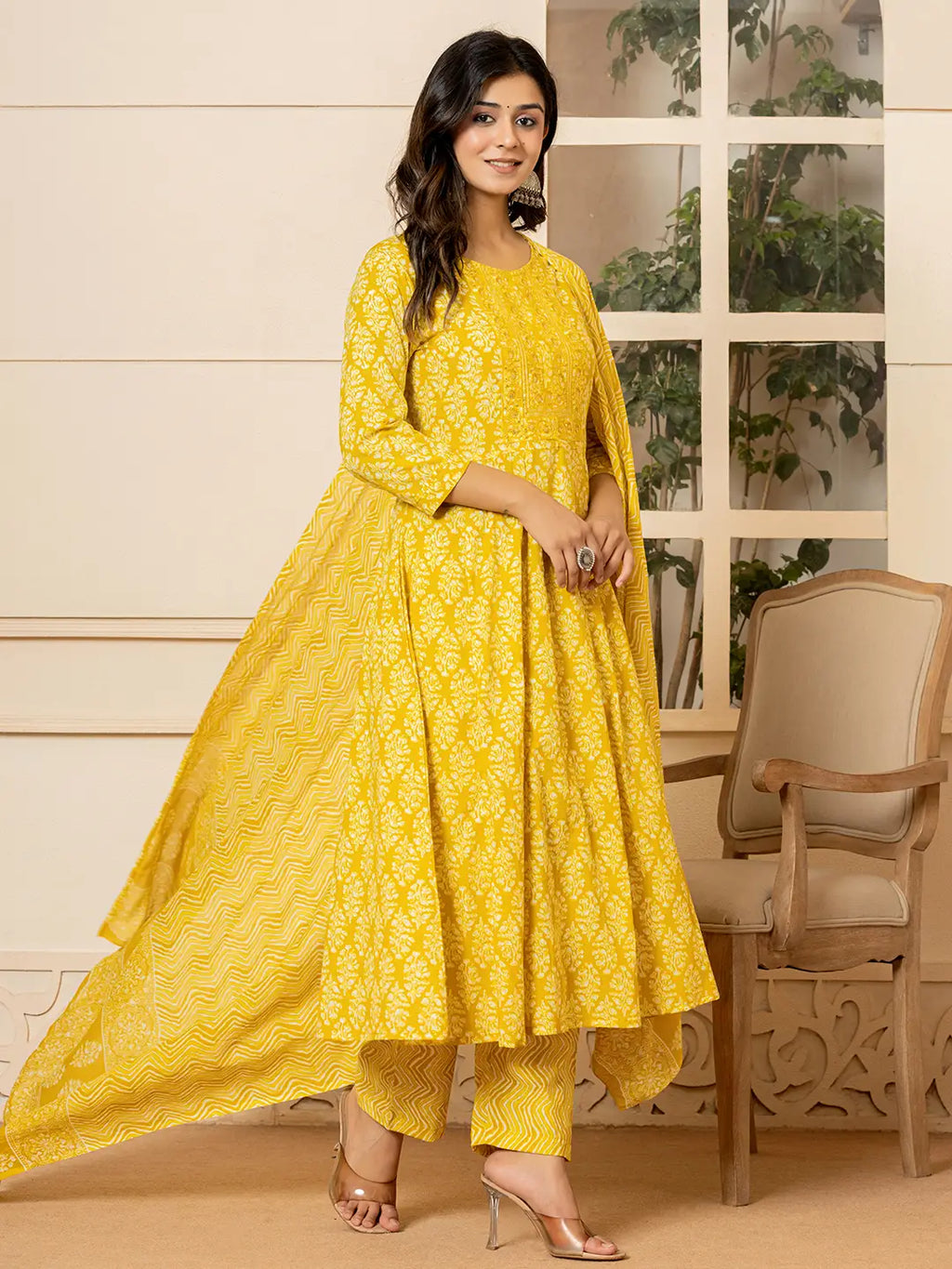Yufta Yellow Embroidered Pure Cotton Anarkali Kurta Trouser With Dupatta Set