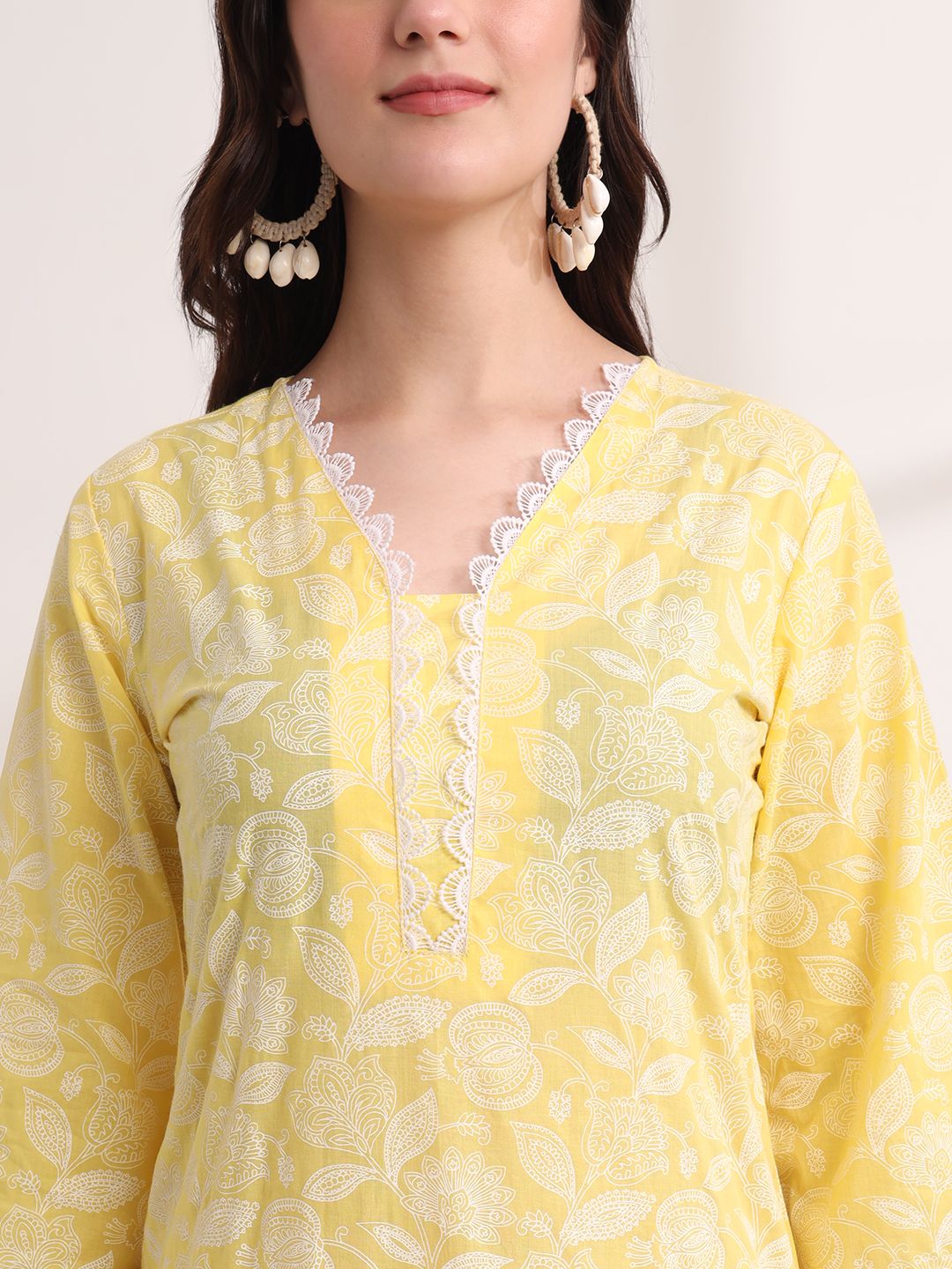 Yufta Yellow Floral Lace Work Straight Kurta Pant Dupatta Set