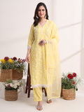 Yufta Yellow Floral Lace Work Straight Kurta Pant Dupatta Set