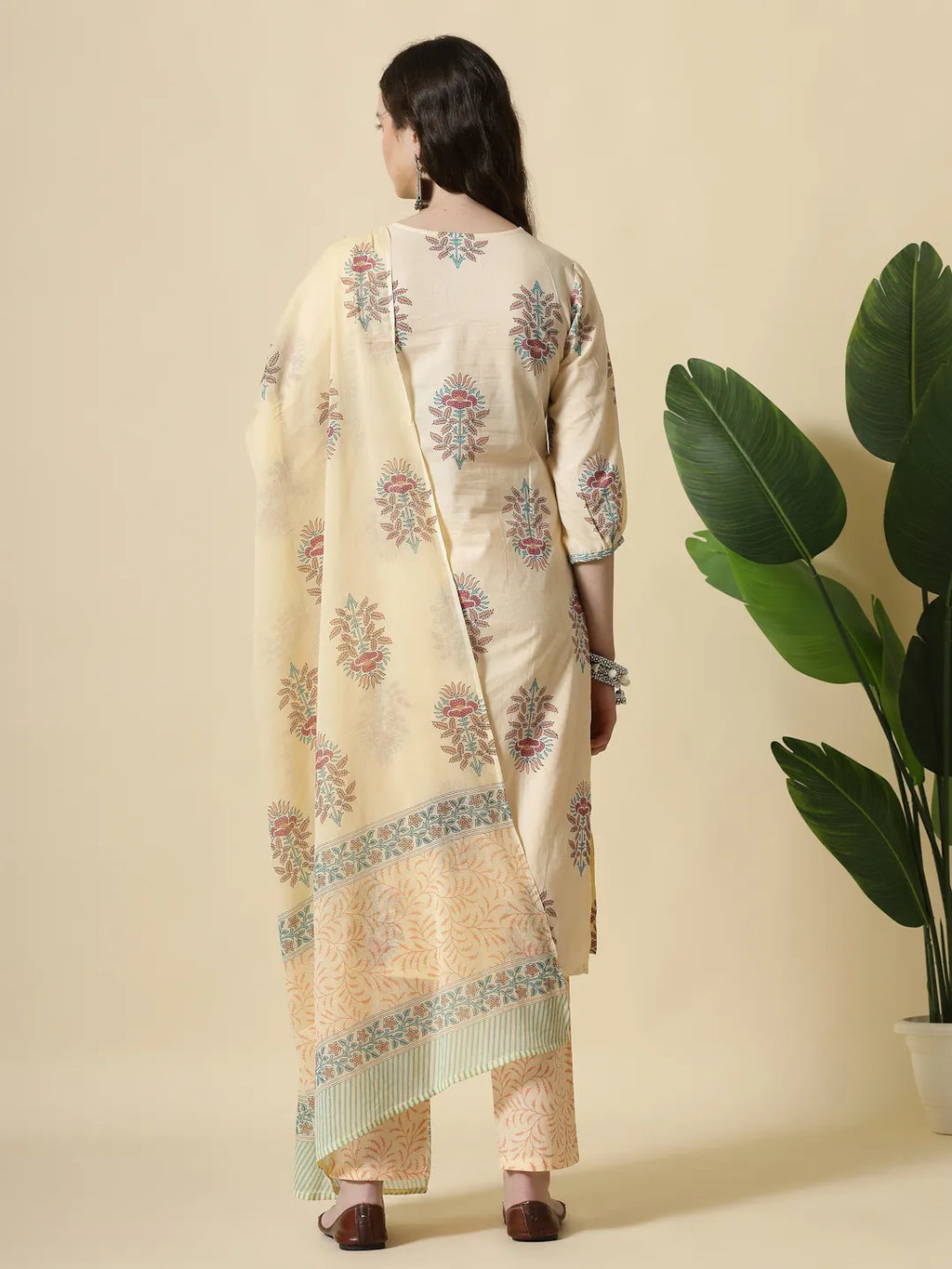 Yufta Yellow Floral Print Cotton Sequins Work Kurta Set With Pant & Dupatta