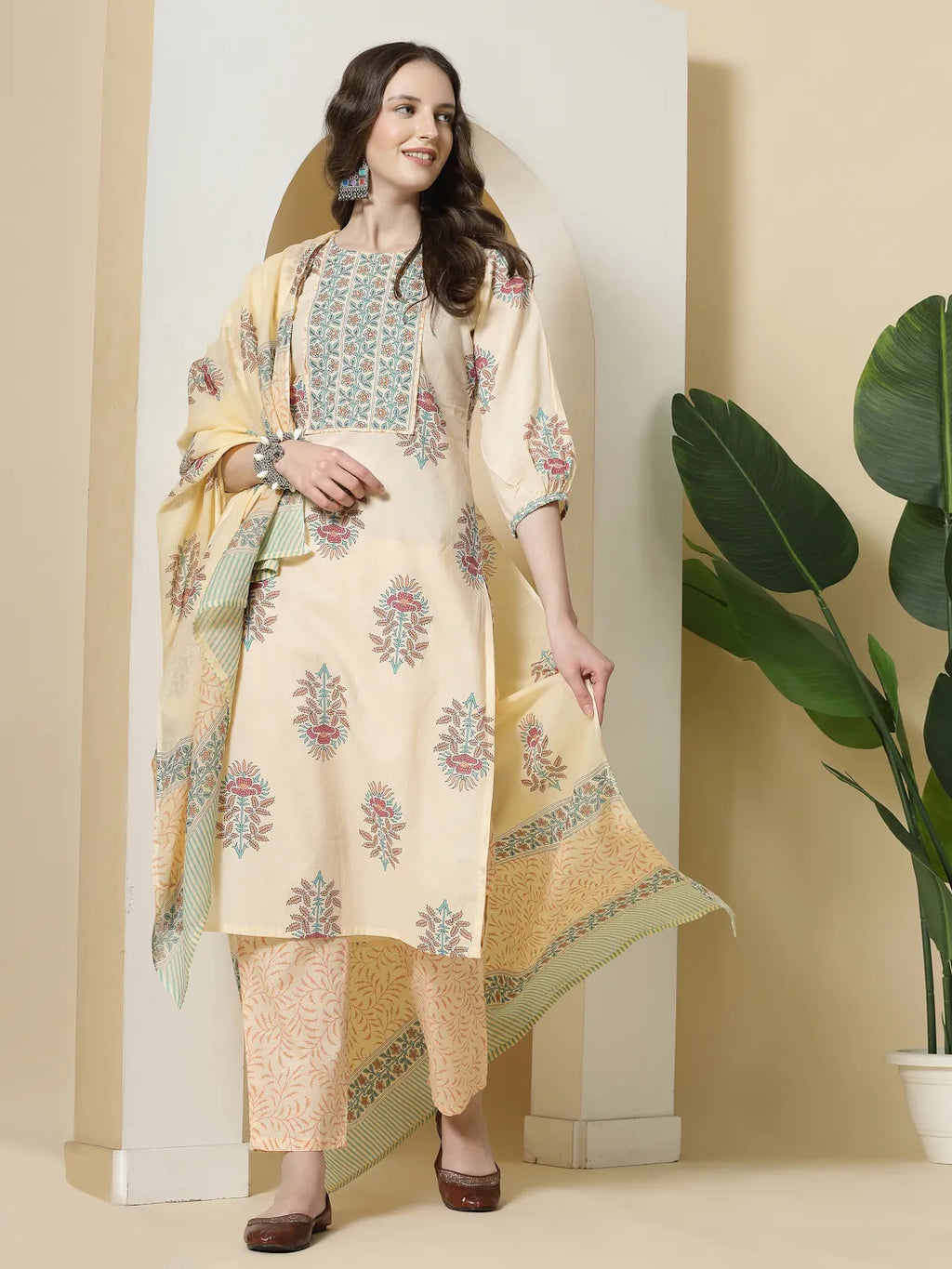Yufta Yellow Floral Print Cotton Sequins Work Kurta Set With Pant & Dupatta