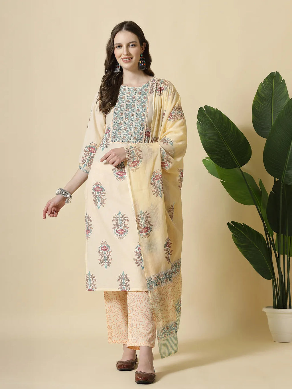 Yufta Yellow Floral Print Cotton Sequins Work Kurta Set With Pant & Dupatta