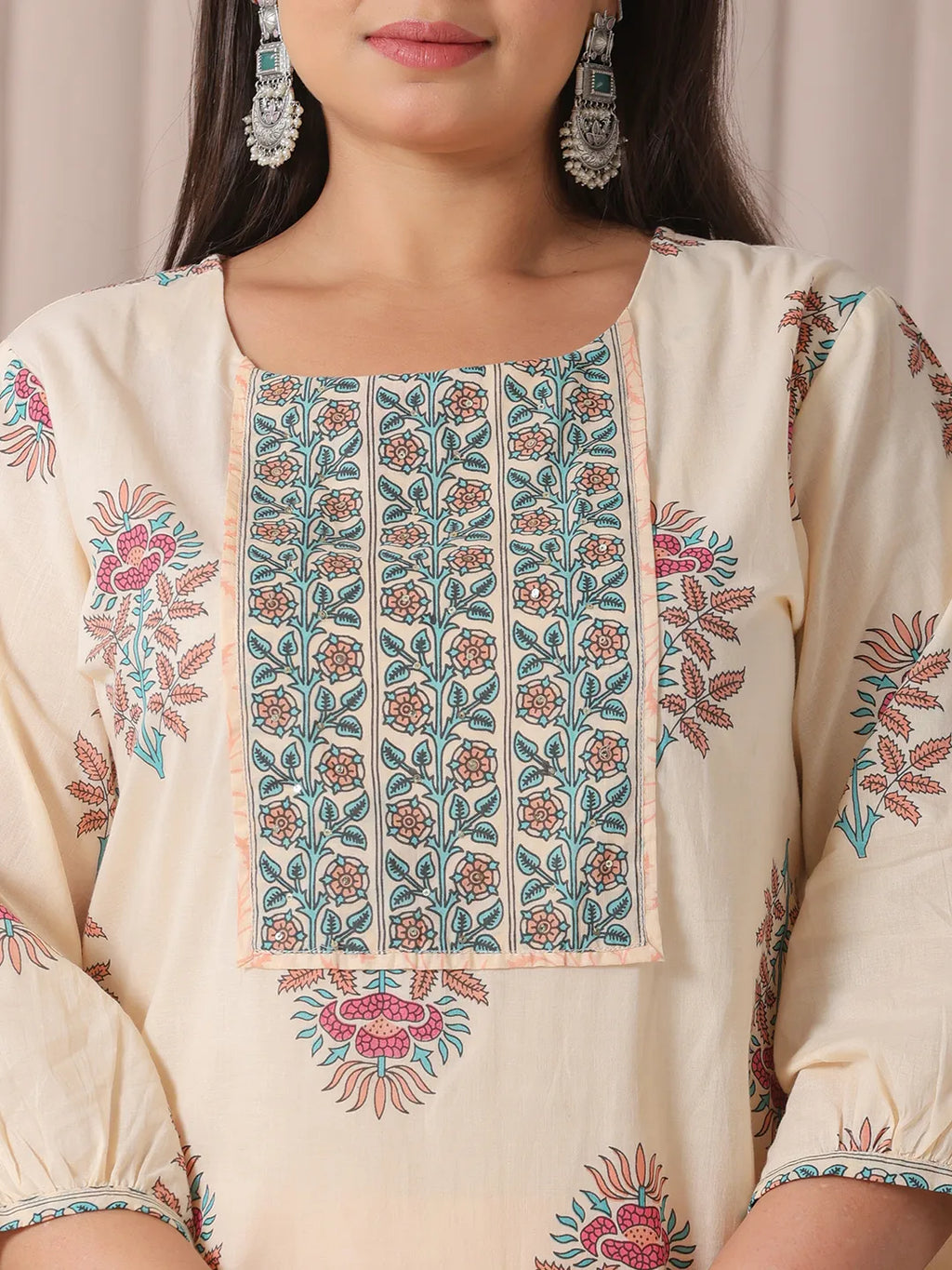 Yufta Yellow Floral Print Cotton Sequins Work Plus Size Kurta Set With Pant & Dupatta