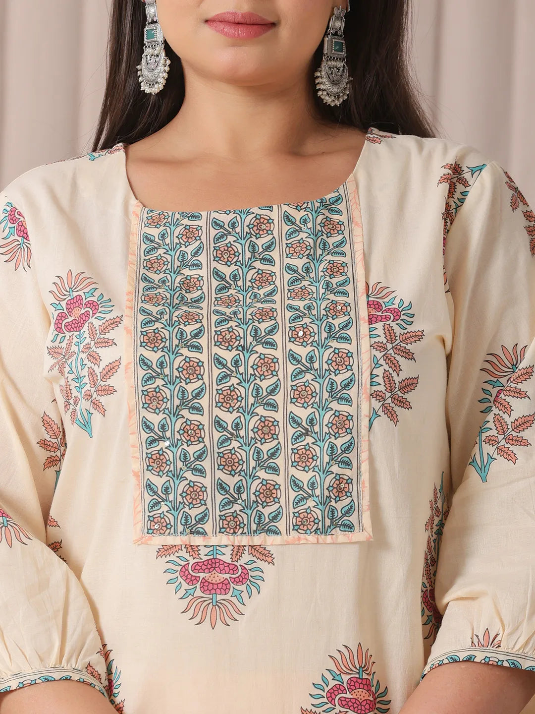 Yufta Yellow Floral Print Cotton Sequins Work Plus Size Kurta Set With Pant & Dupatta