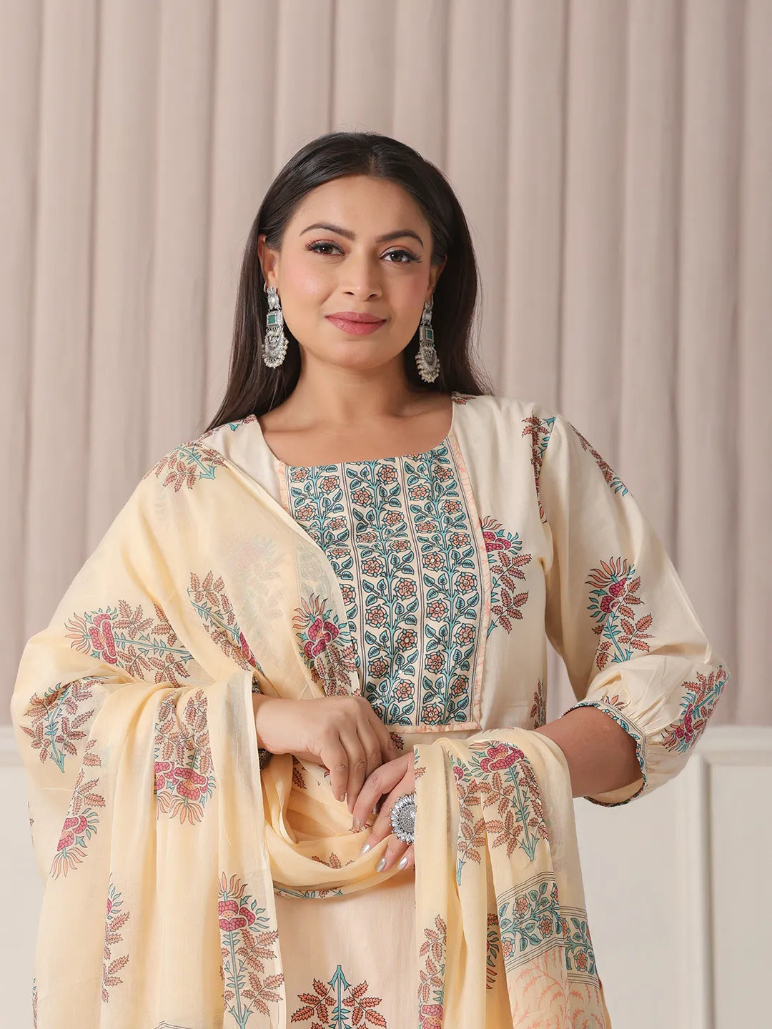 Yufta Yellow Floral Print Cotton Sequins Work Plus Size Kurta Set With Pant & Dupatta