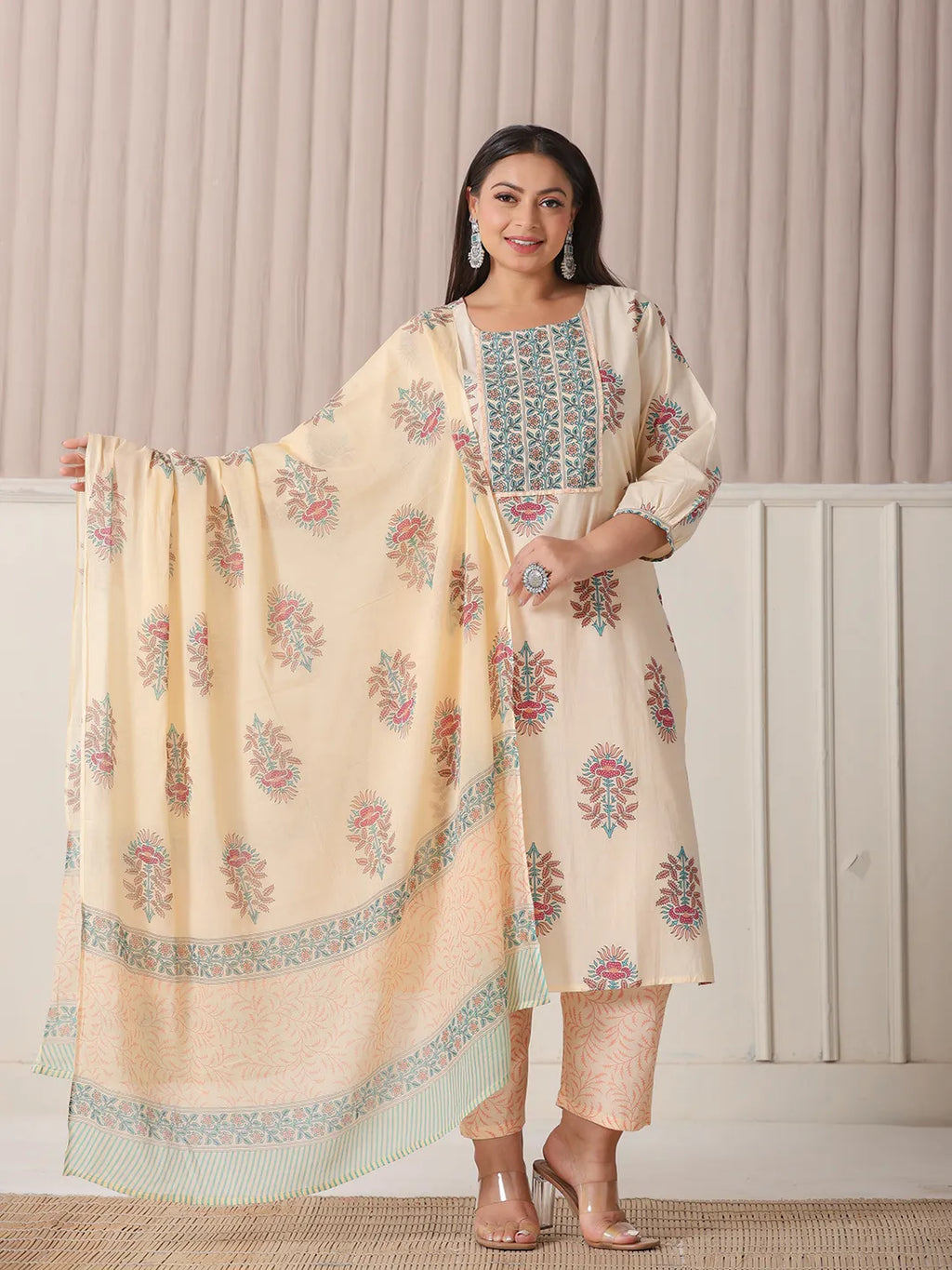 Yufta Yellow Floral Print Cotton Sequins Work Plus Size Kurta Set With Pant & Dupatta