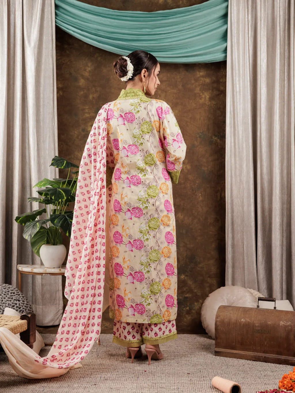 Yufta Yellow Floral Print Pure Cotton Beads Straight Kurta Dupatta Set With Lace Detailing