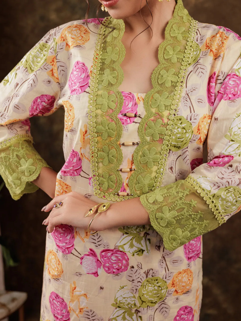 Yufta Yellow Floral Print Pure Cotton Beads Straight Kurta Dupatta Set With Lace Detailing