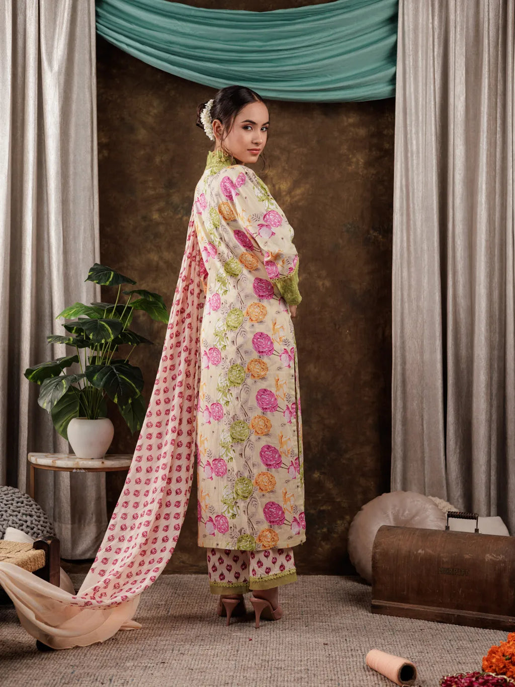 Yufta Yellow Floral Print Pure Cotton Beads Straight Kurta Dupatta Set With Lace Detailing