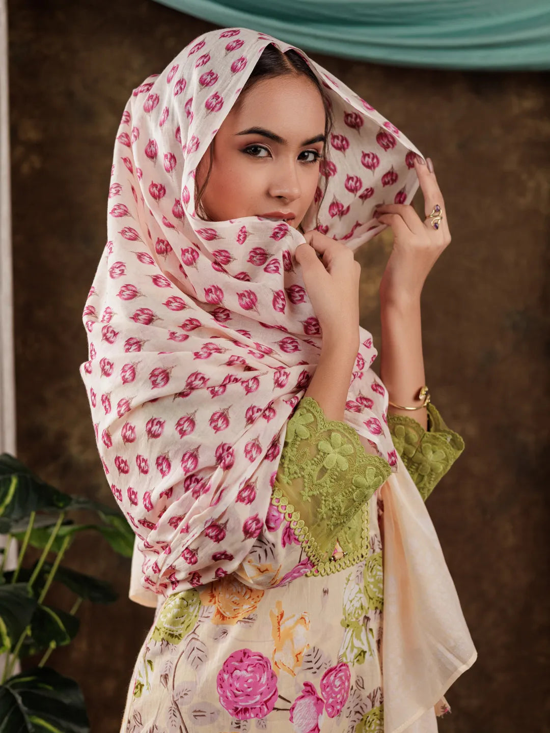 Yufta Yellow Floral Print Pure Cotton Beads Straight Kurta Dupatta Set With Lace Detailing