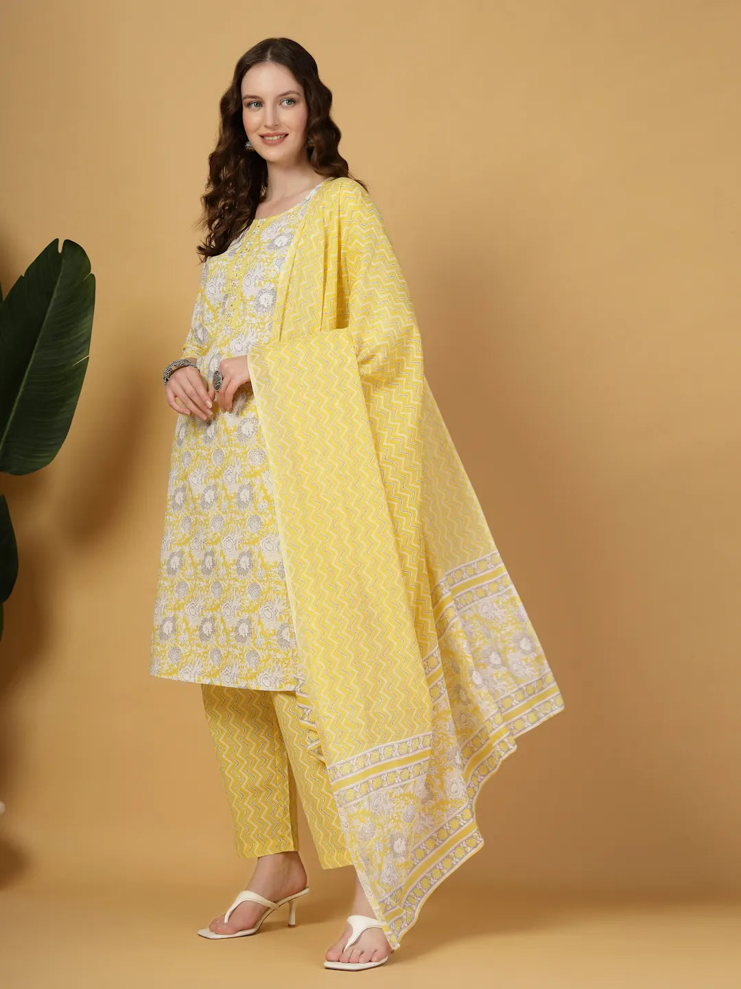 Yufta Yellow Floral Print Straight Kurta Trouser Dupatta Set