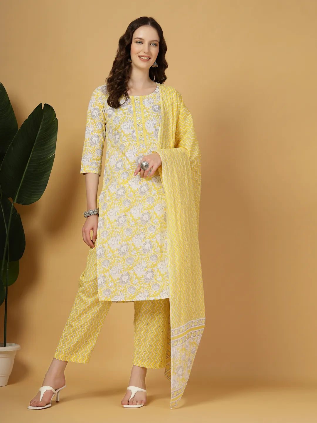 Yufta Yellow Floral Print Straight Kurta Trouser Dupatta Set