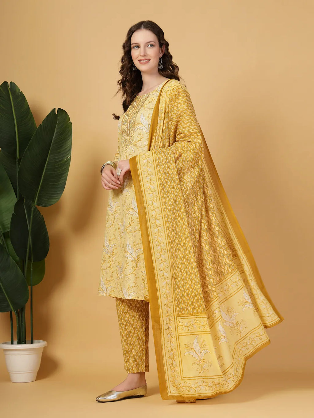 Yufta Yellow Floral Print Thread-Work Straight Kurta Trouser Dupatta Set