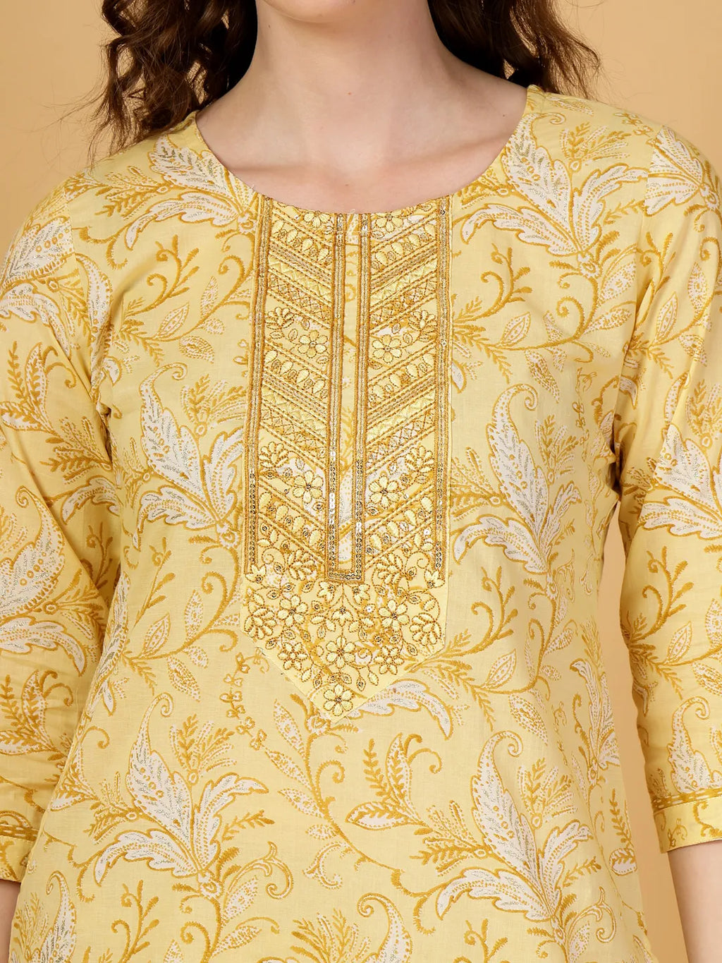 Yufta Yellow Floral Print Thread-Work Straight Kurta Trouser Dupatta Set