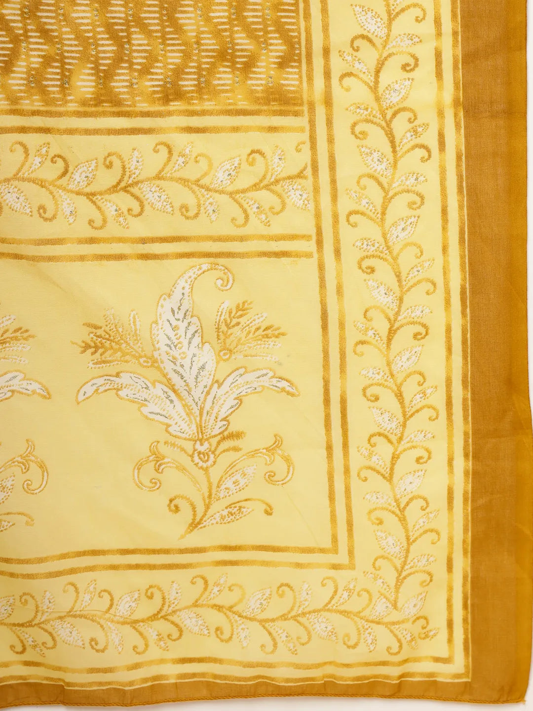 Yufta Yellow Floral Print Thread-Work Straight Kurta Trouser Dupatta Set