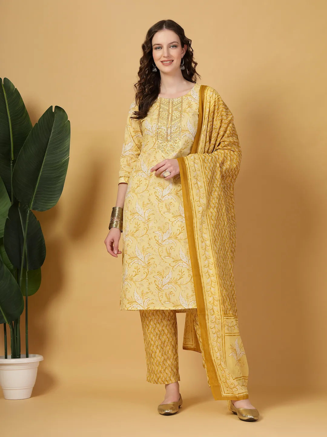 Yufta Yellow Floral Print Thread-Work Straight Kurta Trouser Dupatta Set