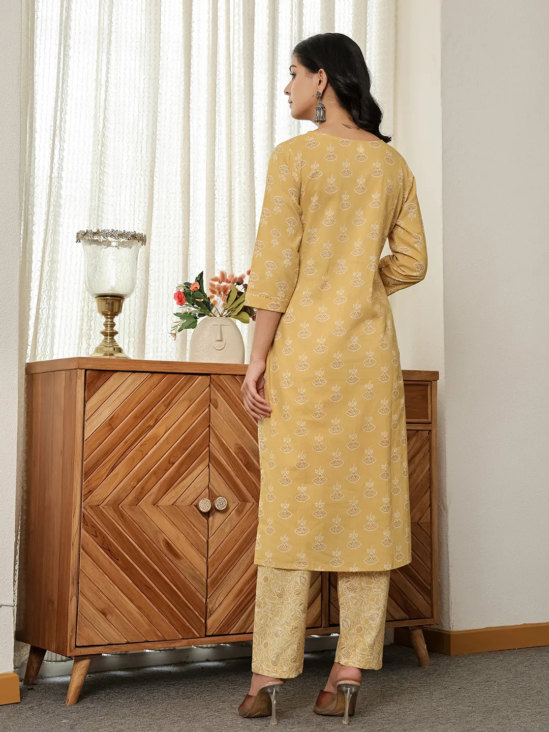 Yufta Yellow Floral Thread Work Straight Kurta Trouser Dupatta Set