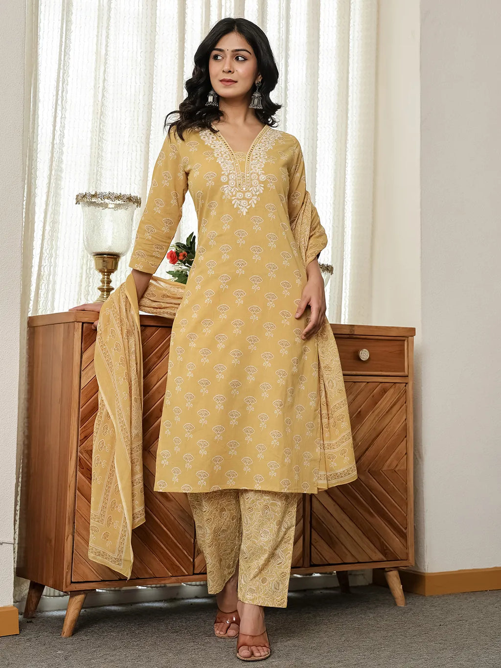 Yufta Yellow Floral Thread Work Straight Kurta Trouser Dupatta Set