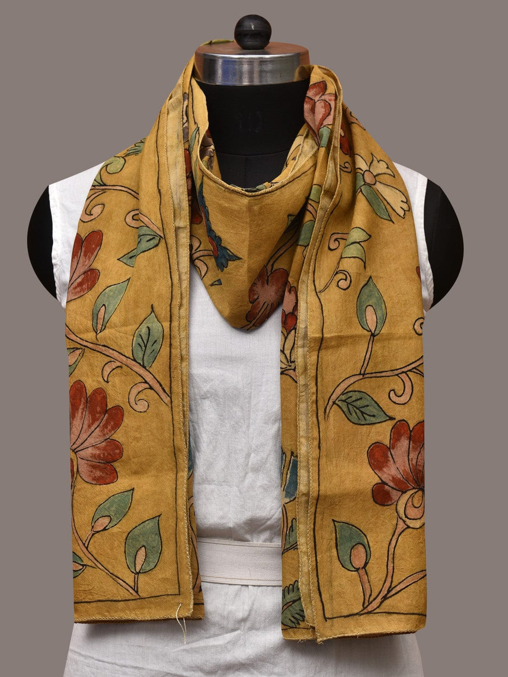 Yellow Kalamkari Hand Painted Sico Stole with Floral Design - Global Threads